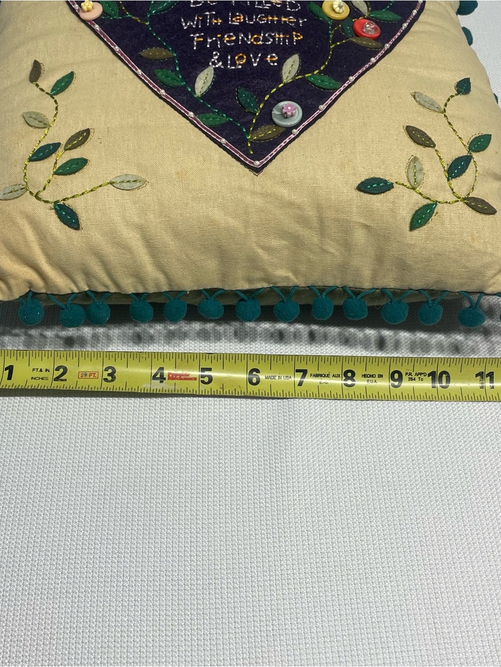 Natural Life Heart Embroidered Throw Pillow Cream Teal 12x12. Preowned. Pom Pom. - Picture 6 of 8